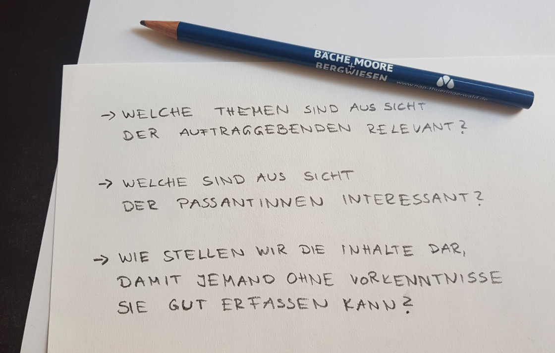 Notiz mit folgenden Fragen: Welche Themen sind aus der Sicht der Auftraggebenden interessant? Welche sind aus Sicht der Passantinnen interessant? Wie stellen wir die Inhalte dar, damit jemand ohne Vorkenntnisse sie gut erfassen kann?