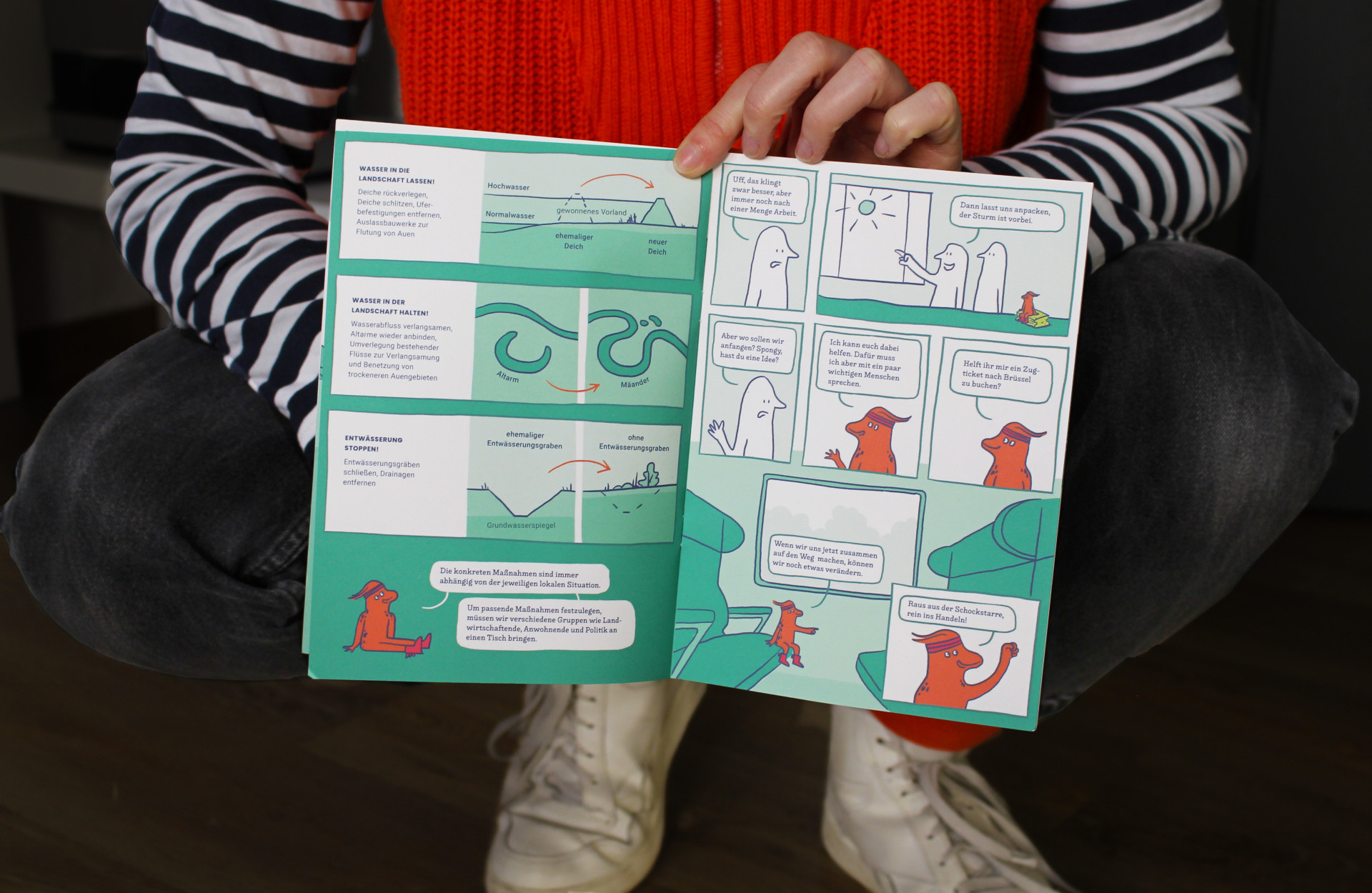 Doppelseite aus dem Comic. Auf der linken Seite befinden sich Infografiken und auf der rechten Seite klassische Comic-Panels.
