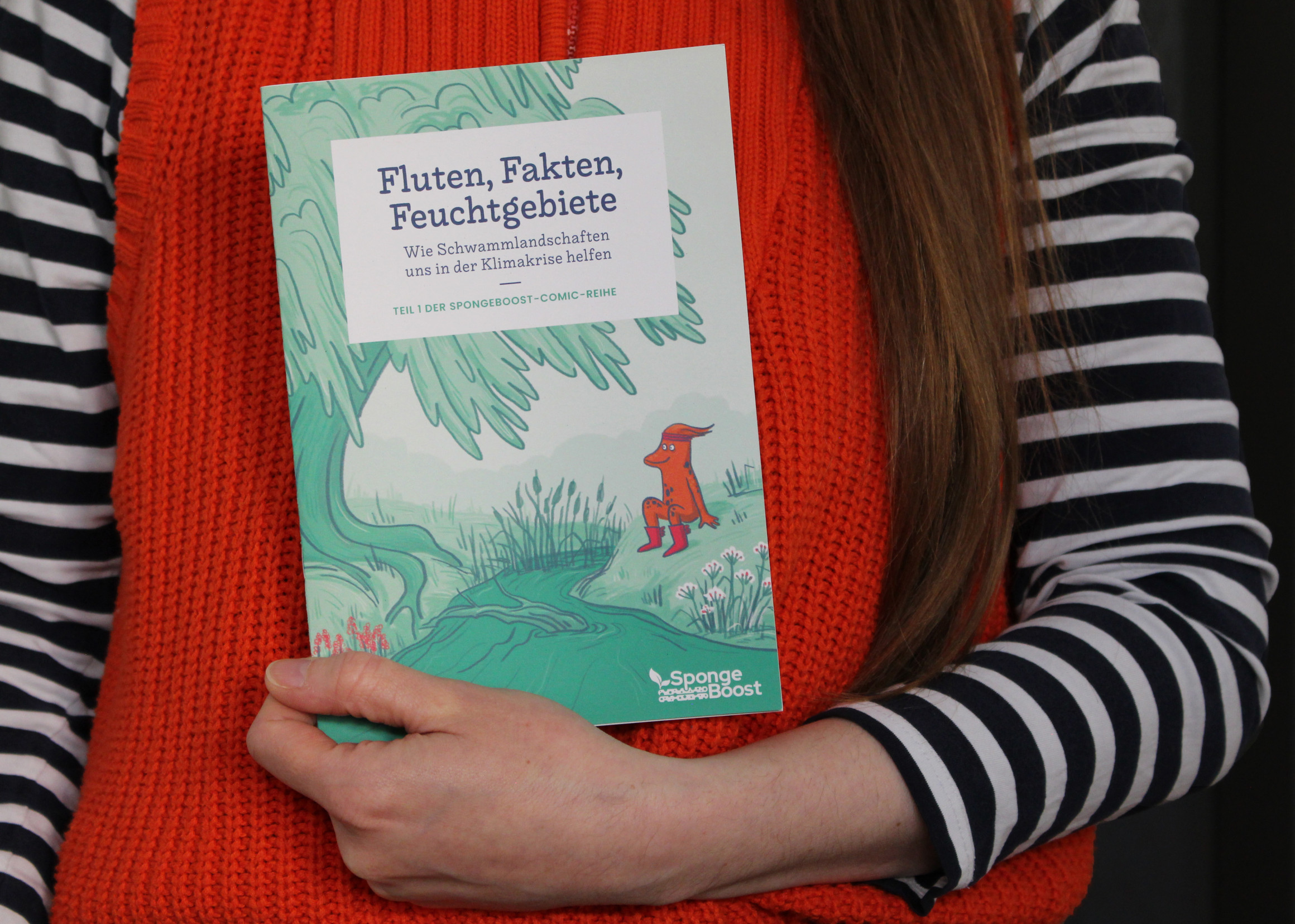 Cover des ersten Comics. Der Titel lautet: Fluten, Fakten, Feuchtgebiete - Wie Schwammlandschaften uns in der Klimakrise helfen.