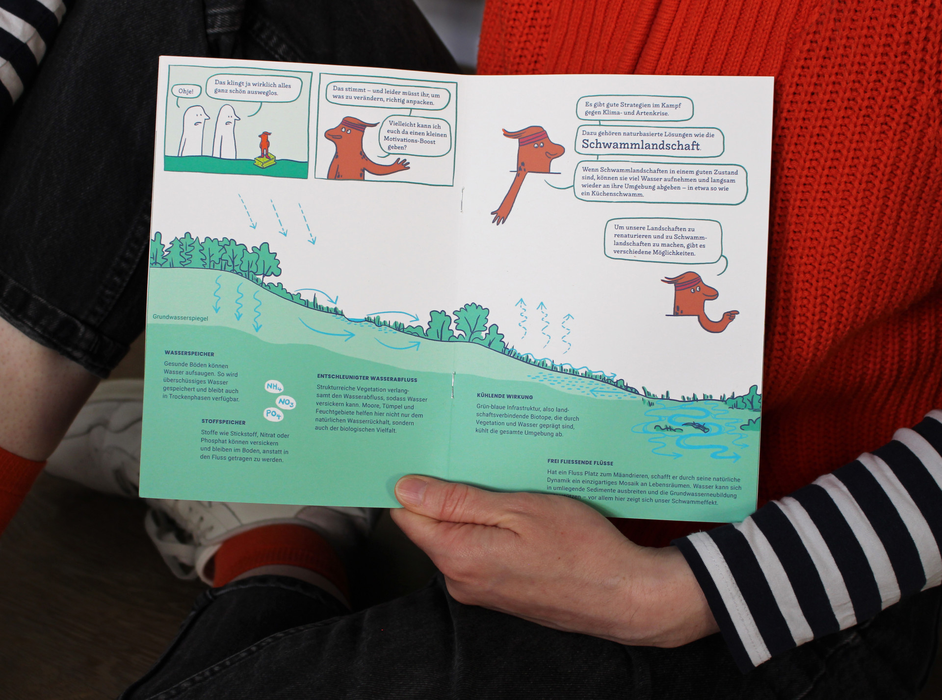 Mittlere Doppelseite des Comics. Eine Infografik illustriert die Funktionsweise einer Schwammlandschaft.