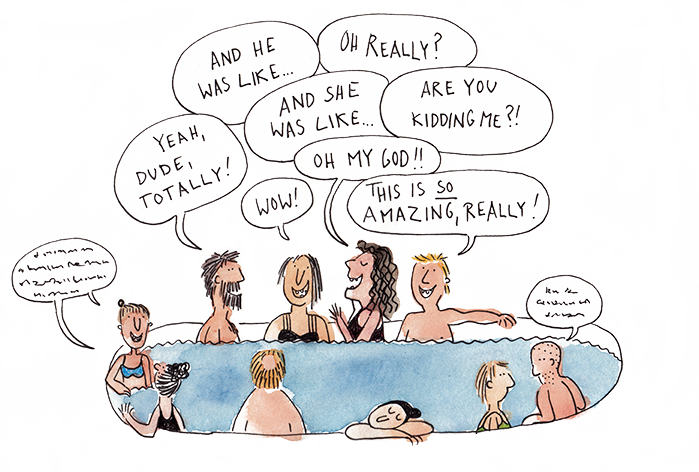 Zeichnung einer Szene in einem kleinen Thermalbecken. Eine Gruppe von vier Amerikaner:innen unterhält sich lautstark, während die anderen Badegäste sich in gedämpftem Ton austauschen.