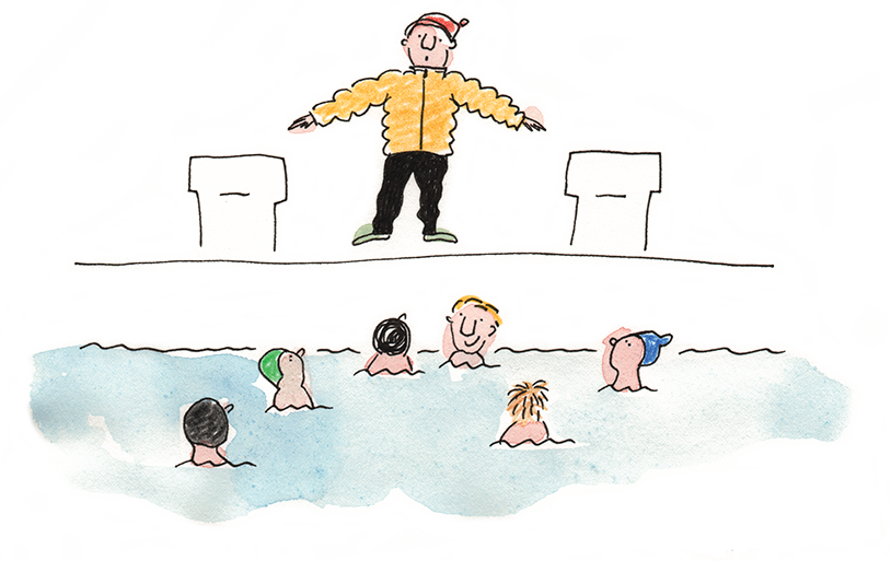 Zeichnung einer Szene aus dem Schwimmunterricht. Der Lehrer steht in einer gelben Daunenjacke am Beckenrand, im Wasser sind die Köpfe von sechs Kindern zu sehen.
