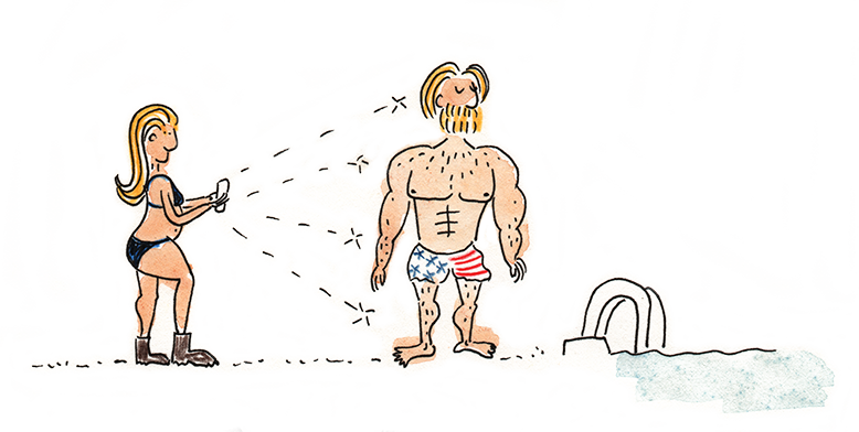 Zeichnung von einem Paar am Beckenrand. Er ist muskulös, trägt eine Badehose in den Farben der amerikanischen Flagge und posiert für ihr Foto.