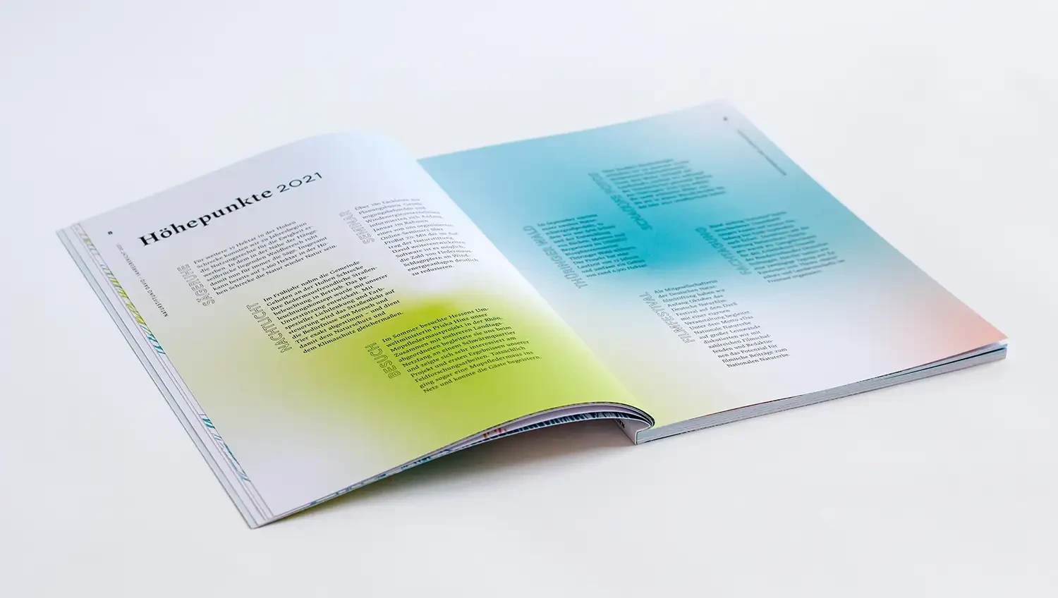 Aufgeschlagener Jahresbericht. Auf der Doppelseite sind die Höhepunkte des Jahres 2021 verteilt. Im Hintergrund ein grüner und ein blauer Farbverlauf.