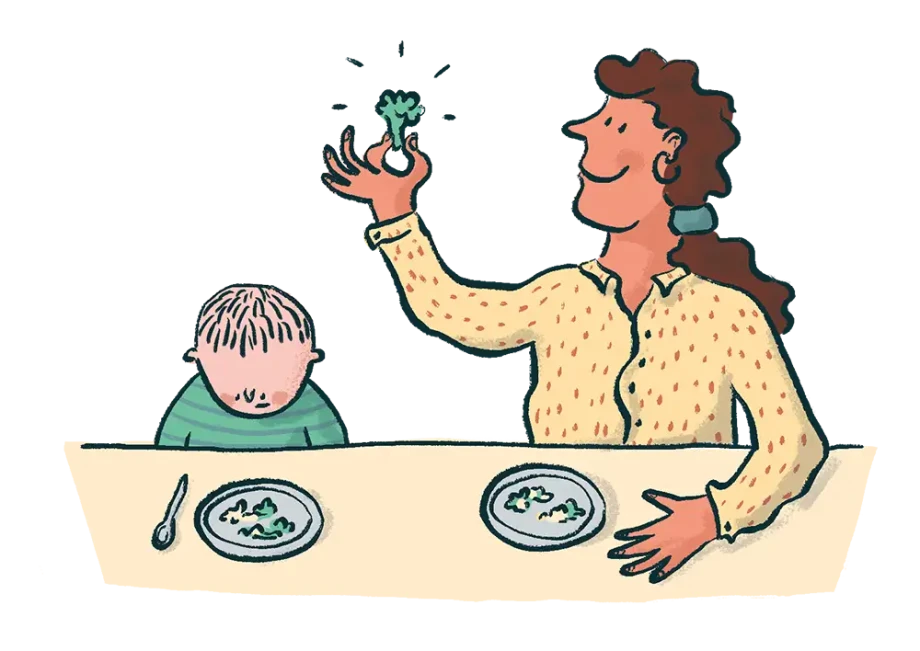 Illustration. Ein Kind und eine Frau sitzen nebeneinander am Tisch, vor ihnen stehen zwei Teller mit grünem Gemüse. Das Kind guckt enttäuscht auf seinen Teller. Die Frau hält lächelnd einen Brokkoli in die Höhe.