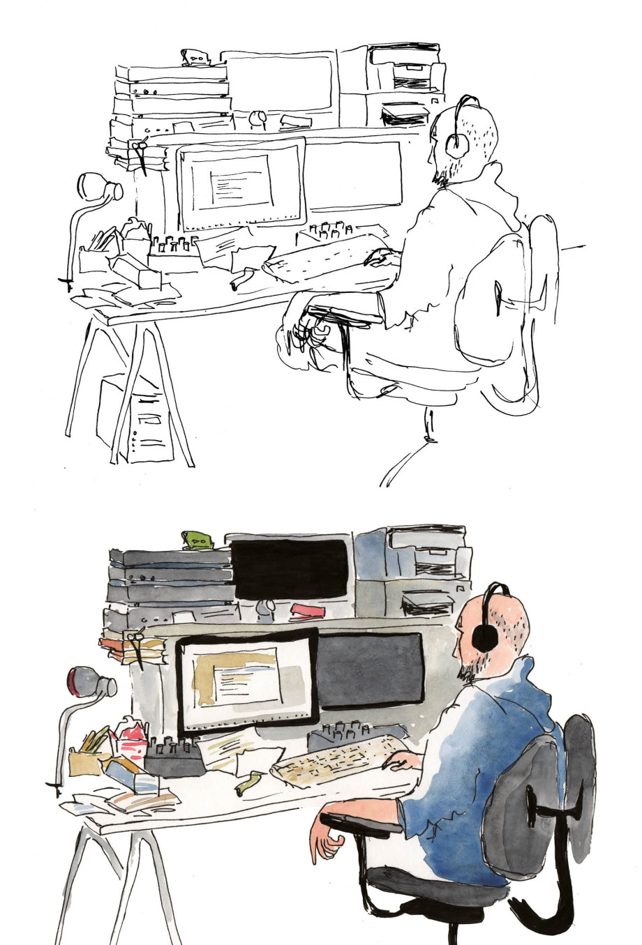Zeichnung eines Interviewpartners an seinem Schreibtisch. Oben unkolorierte Skizze, unten farbige fertige Illustration.