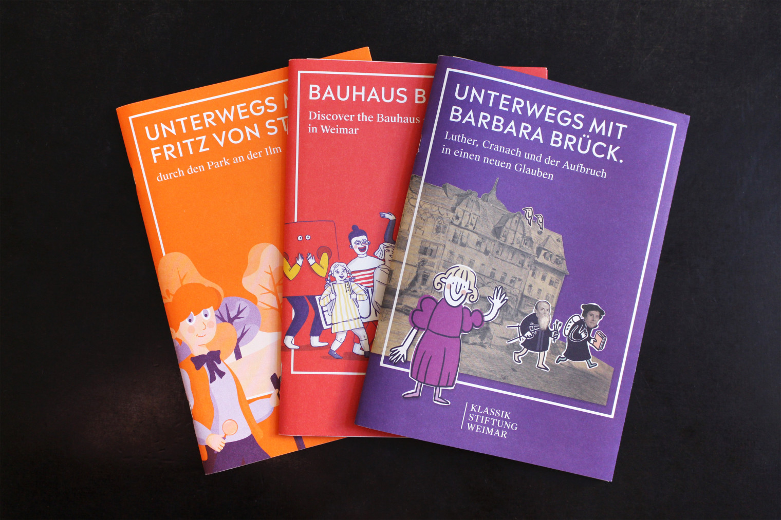 Titel der drei verschiedenen Entdeckerhefte der Klassik Stiftung Weimar.