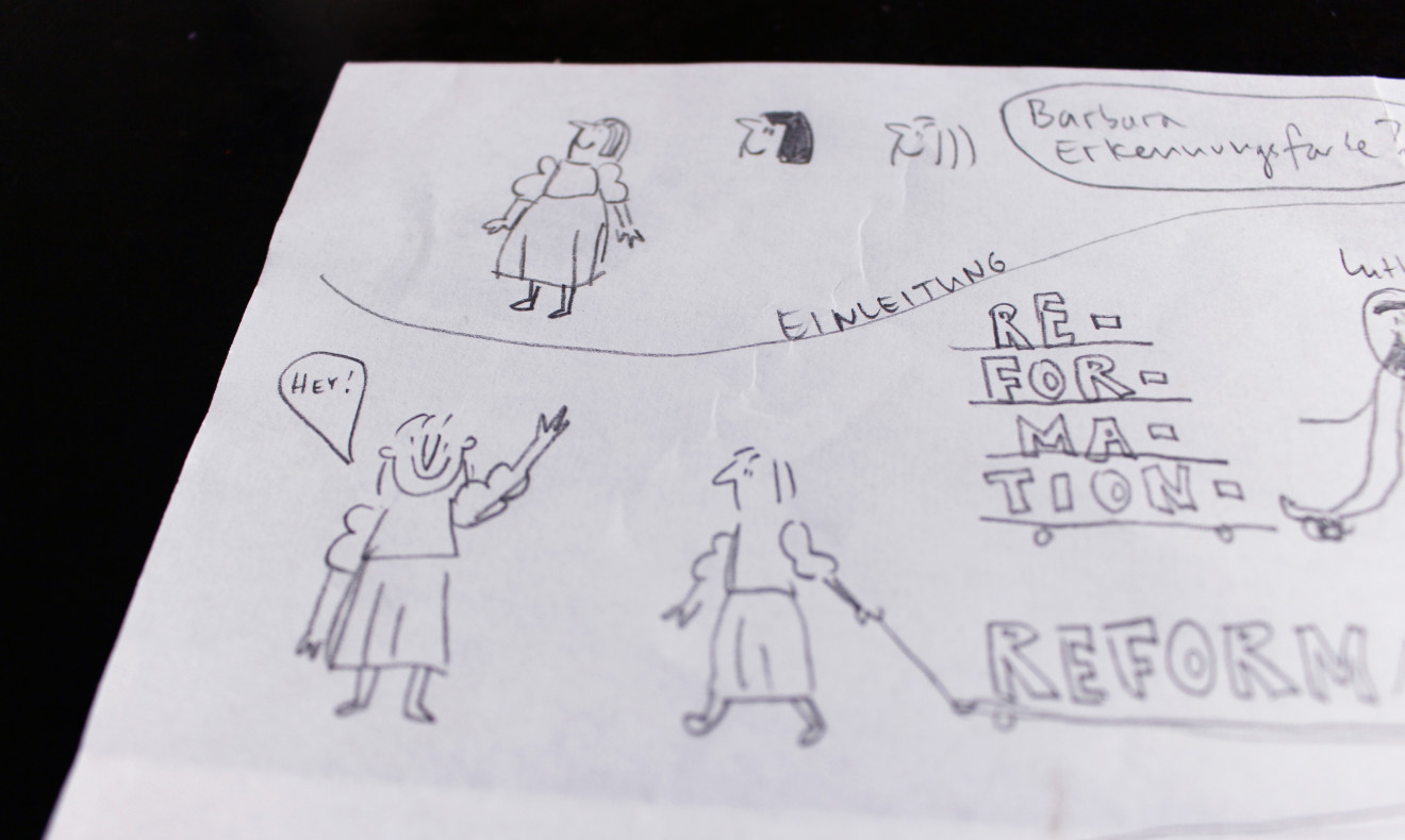 Bleistiftskizzen der Barbara-Figur.