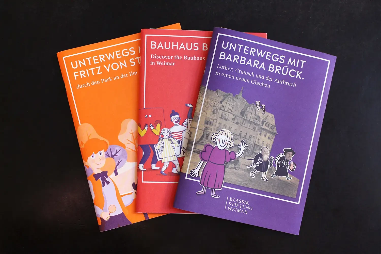 Titel der drei verschiedenen Entdeckerhefte der Klassik Stiftung Weimar.