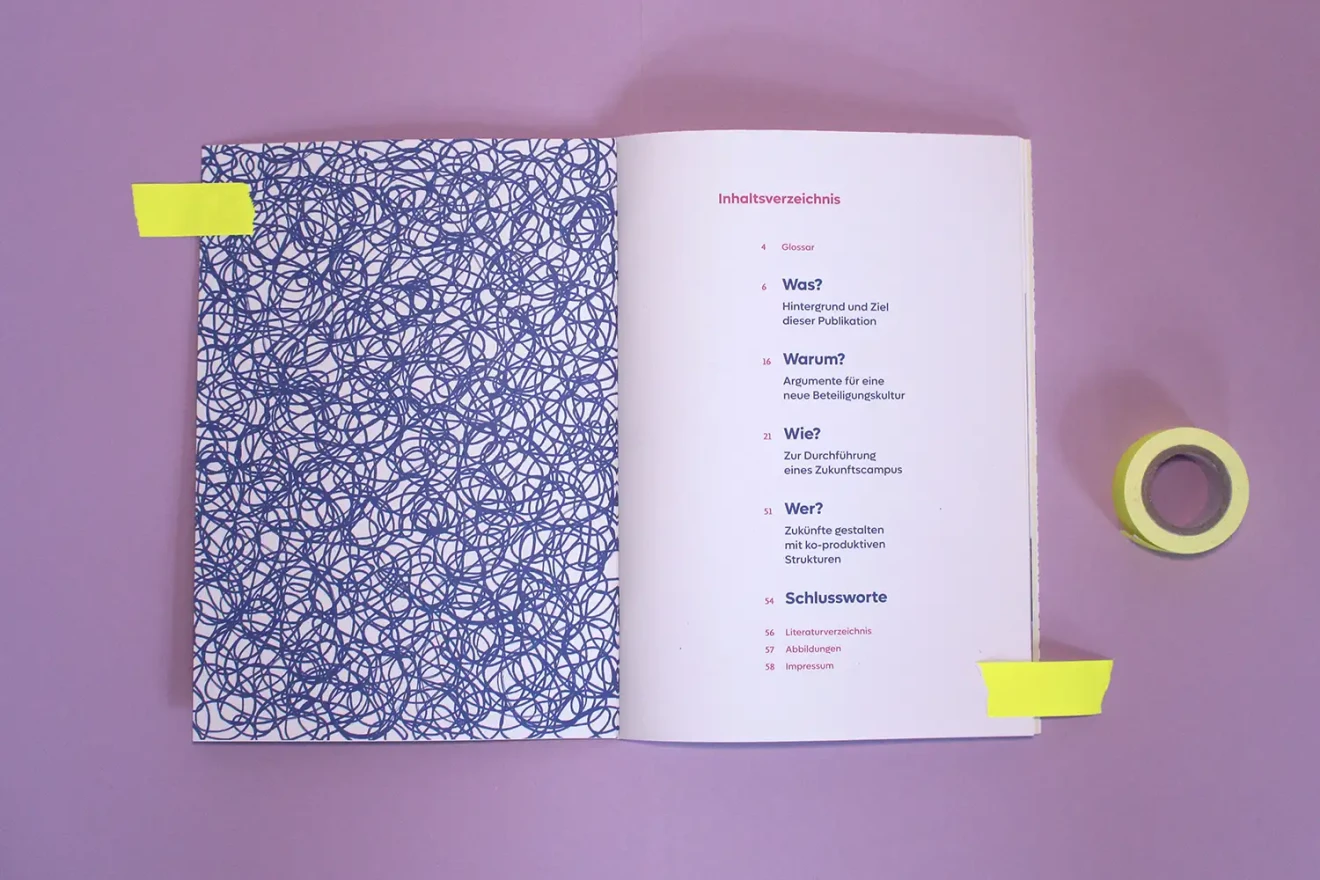 Aufgeschlagene Broschüre mit Inhaltsverzeichnis (rechts) und grafisch gestaltetem Vorsatzpapier (links)..