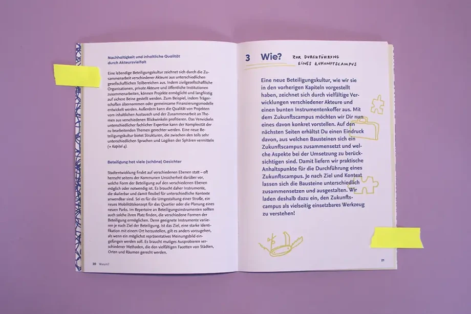 Aufgeschlagene Broschüre. Fließtext auf der linken Seite und Start des dritten Kapitels mit Illustrationen auf der linken Seite.
