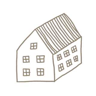 Strichzeichnung eines einfachen Hauses.