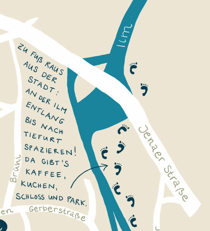 Detail des Stadtplans mit dem handgeschriebenen Tipp: Zu Fuß raus aus der Stadt: An der Ilm entlang bis nach Tiefurt spazieren! Da gibt's Kaffee, Kuchen, Schloss und Park.