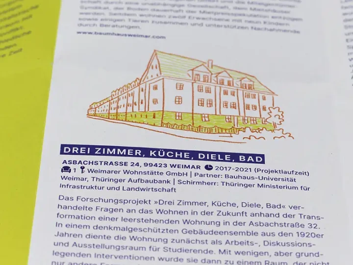 Ein Projekt-Detail des Faltblatts, Illustration des Wohnhauses in der Asbachstraße.